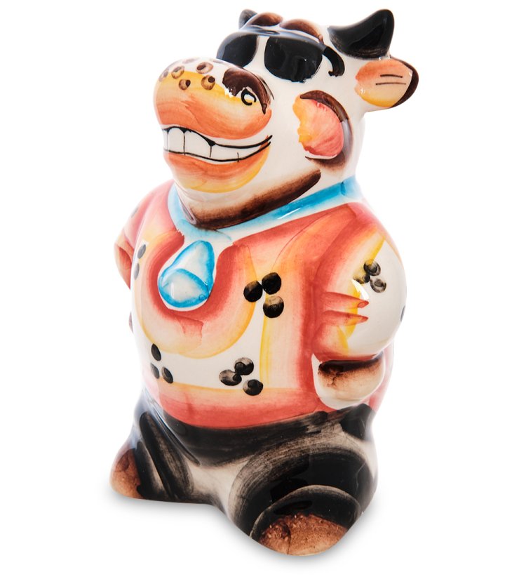 Статуэтка Модный Бык символ 2021 года Цветная гжель ГЛ-659, фотография сбоку