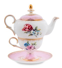 Чайная пара с чайником из фарфора Цветок Неаполя, розовая