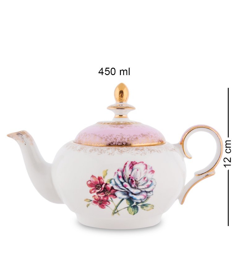Чайная пара с чайником из фарфора Цветок Неаполя, розовая Pavone JK-127, фотография чайника