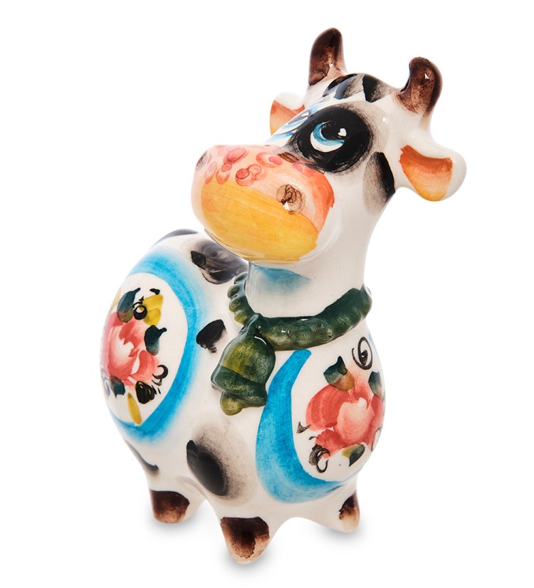 Статуэтка Корова с колокольчиком Символ 2021 года Цветная гжель ГЛ-655, фотография сбоку