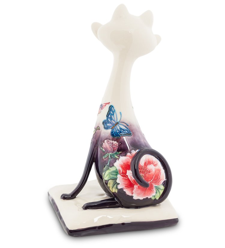 Статуэтка из фарфора Сытый кот с цветами и бабочкой Pavone JP-247/ 12, фотография со спины