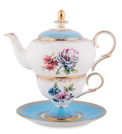 Чайная пара с чайником из фарфора Цветок Неаполя, голубая