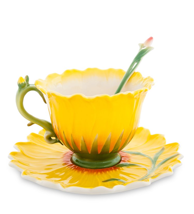 Чайная пара из фарфора с ложечкой Подсолнух Pavone FM-01/23