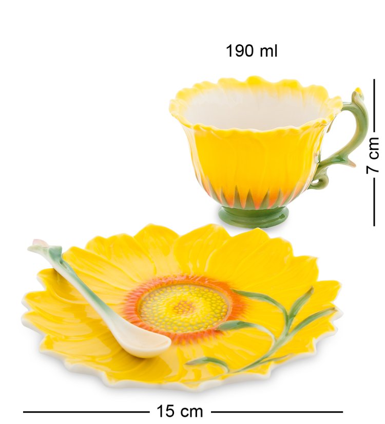 Чайная пара из фарфора с ложечкой Подсолнух Pavone FM-01/23, фотография сбоку
