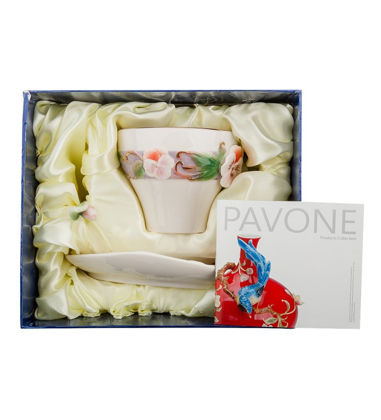 Чайная пара из фарфора с ложечкой Виола Pavone FM-59/ 3, фотография в упаковке