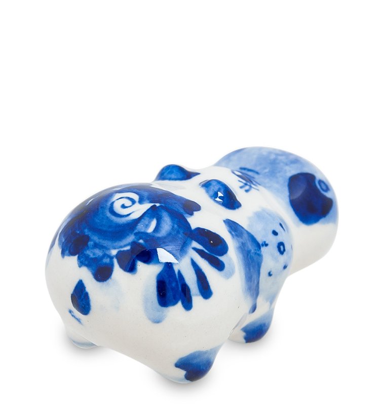 Маленькая Фигурка Бегемот Голубая гжель ГЛ-121, фотография сбоку