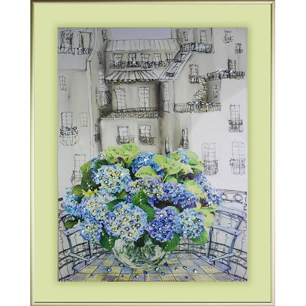 Картина Гортензия голубая c кристаллами Swarovski