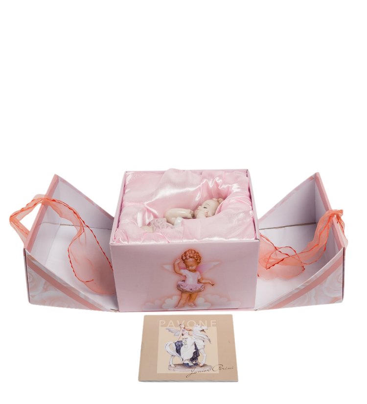 Статуэтка из фарфора Балерина ангелочек в розовом платье Pavone JP-27/ 11, фотография в упаковке