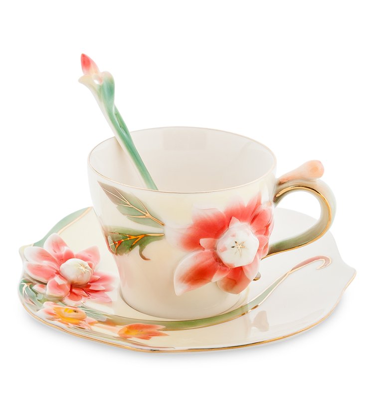 Кофейная пара из фарфора с ложечкой Георгин Pavone FM-62/ 3