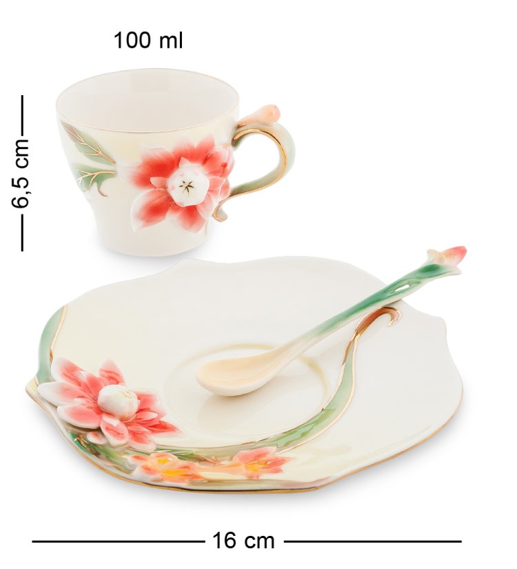 Кофейная пара из фарфора с ложечкой Георгин Pavone FM-62/ 3, фотография сбоку