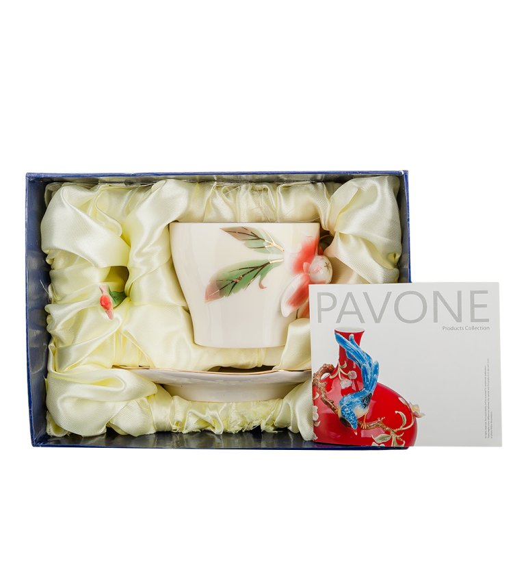 Кофейная пара из фарфора с ложечкой Георгин Pavone FM-62/ 3, фотография в упаковке