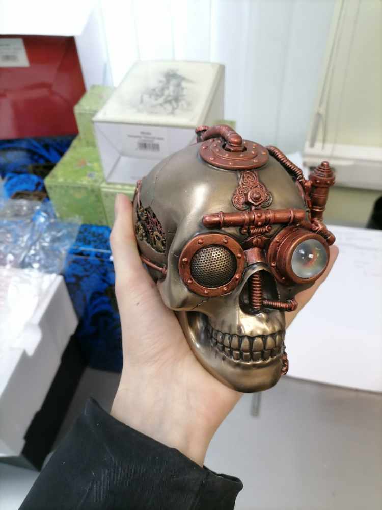 Шкатулка в стиле Стимпанк Череп Veronese WS-387, фото со склада вид в руках