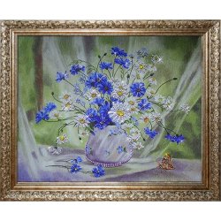 Картина Васильки с ромашками ( в багете) c кристаллами Swarovski