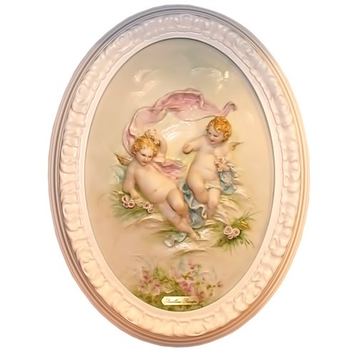 Барельеф из фарфора Ангелочки с розами Porcellane Principe, рамка белого цвета 775W/PP