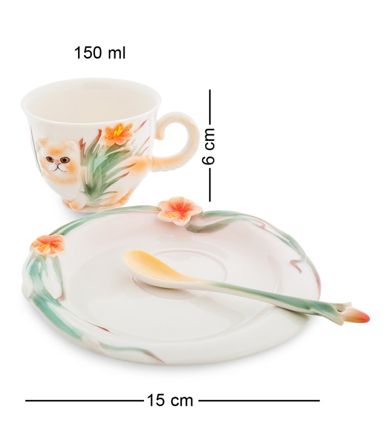 Чайная пара из фарфора с ложечкой Персидский кот Pavone FM-69/ 3, фотография сбоку