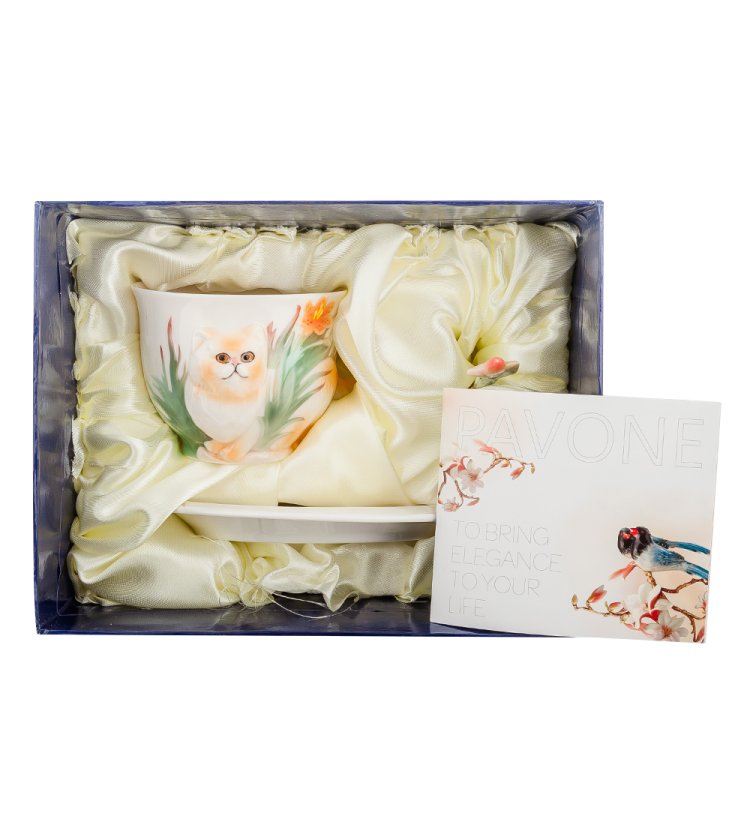 Чайная пара из фарфора с ложечкой Персидский кот Pavone FM-69/ 3, фотография в упаковке