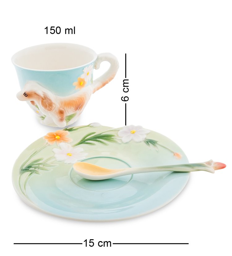 Чайная пара из фарфора с ложечкой Спаниель Pavone FM-69/ 4, фотография сбоку