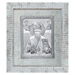 Декоративное панно Николай Чудотворец в рамке серебряного цвета