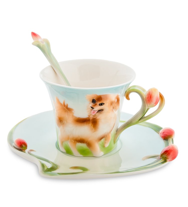 Чайная пара из фарфора с ложечкой Собака Pavone FM-69/ 5