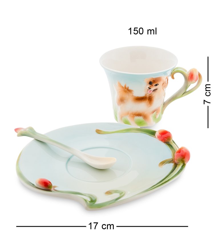 Чайная пара из фарфора с ложечкой Собака Pavone FM-69/ 5, фотография сбоку