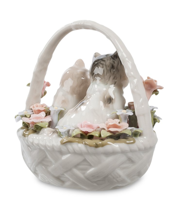 Статуэтка из фарфора Пара котят в корзинке с цветами Pavone CMS-15/15, фотография сбоку