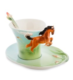 Чайная пара из фарфора с ложечкой Лошадь