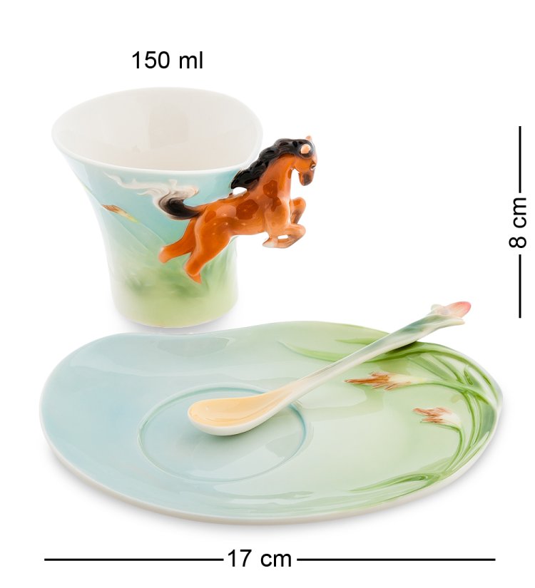 Чайная пара из фарфора с ложечкой Лошадь Pavone FM-70/ 1, фотография сбоку