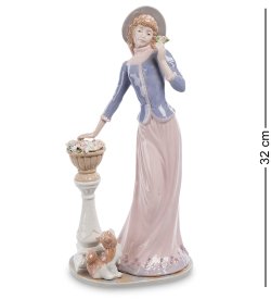 Статуэтка из керамики Леди с щенком у колонны с цветами