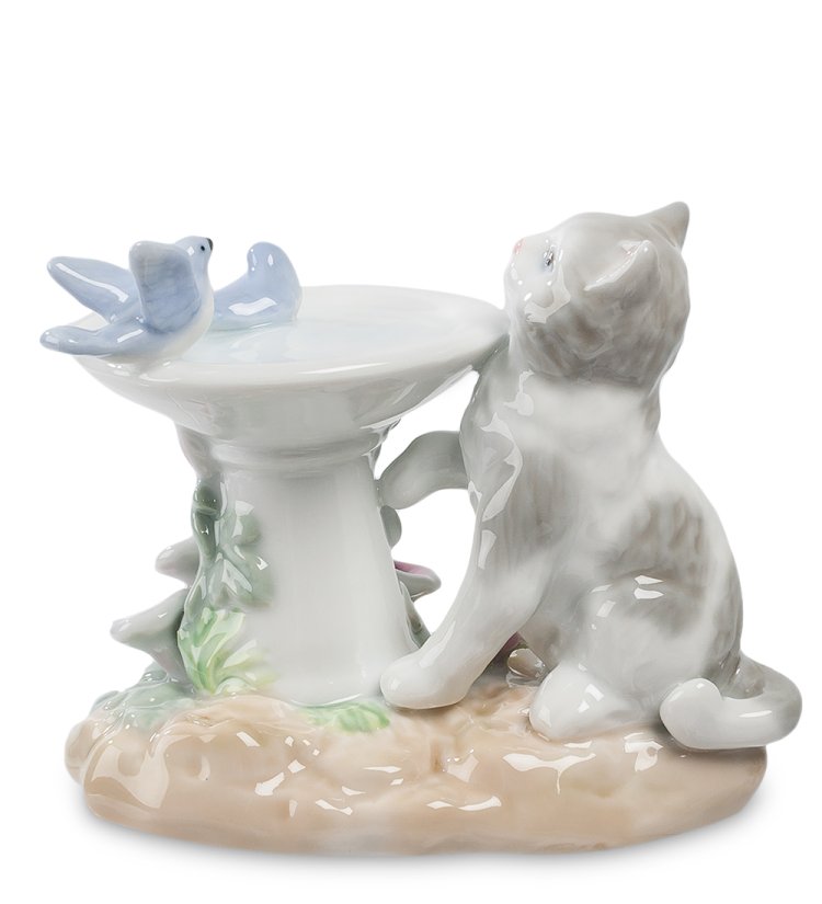 Статуэтка из керамики Котик с птичками Веселый фонтанчик Pavone CMS-15/68, фотография сбоку