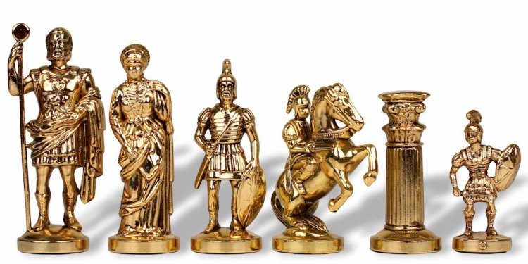 Шахматы с красной доской Греко-Римский период Manopoulos MP-S-3-28-RED, фотография золотых фигур