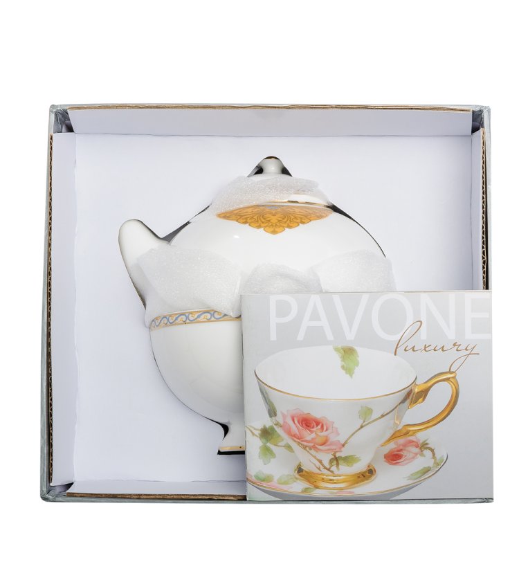 Чайная пара с чайником из фарфора Золотой Палермо Pavone JK-197, фотография в упаковке