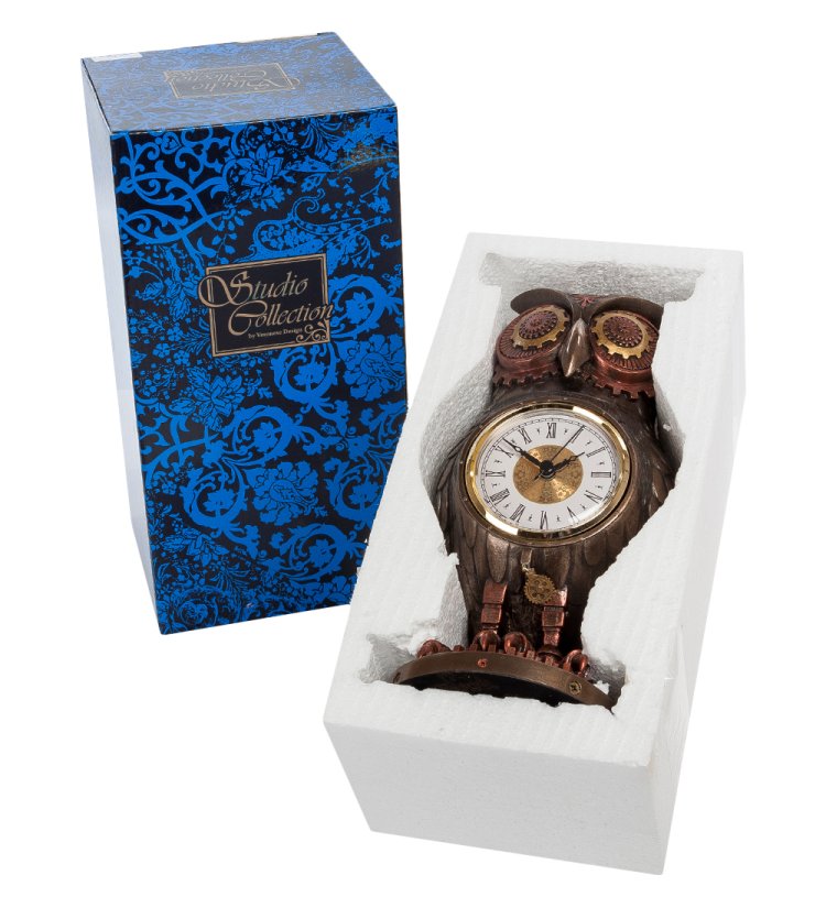 Статуэтка-часы в стиле Стимпанк Металлическая Сова Veronese WS-186, упаковочный вид