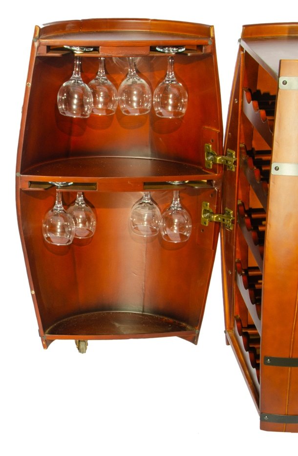 Мини бар на бутылок вина в форме бочки Jufeng JJ0003 , фотография дверцы с бокалами