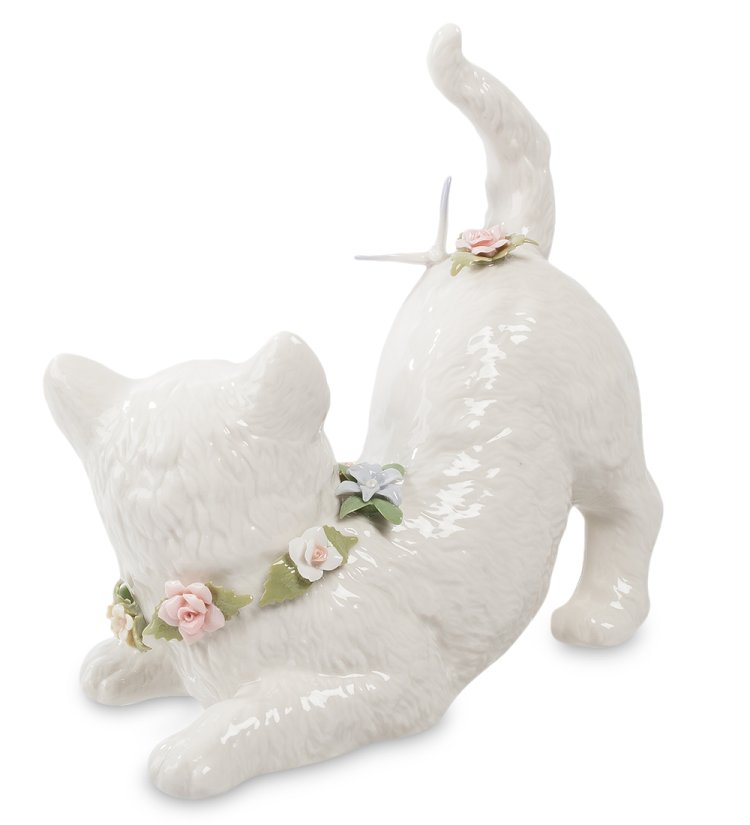 Музыкальная Статуэтка из фарфора Котенок с бабочкой Pavone CMS-15/37, фотография сбоку