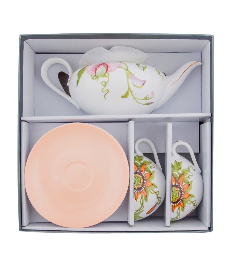 Чайный набор на 2 персоны с чайником Сады Примадонны Pavone JK- 11, фотография в упаковке