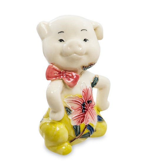 Фигурка из фарфора Поросенок с красным цветком Pavone JP-111/ 9, вид профиль