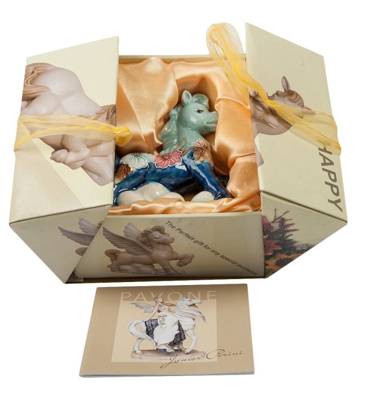 Статуэтка из фарфора Гордая Синяя Лошадка с цветочками Pavone JP-61/69, упаковочный вид