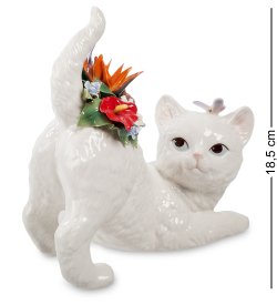 Статуэтка из фарфора Белый котенок с цветами на хвосте