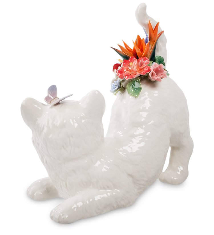 Статуэтка из фарфора Белый котенок с цветами на хвосте Pavone CMS-15/38, фотография сбоку
