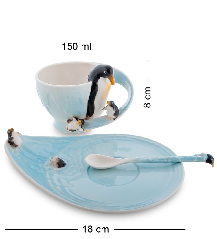 Чайная пара из фарфора с ложечкой Пингвины Pavone FM-01/29, фотография сбоку