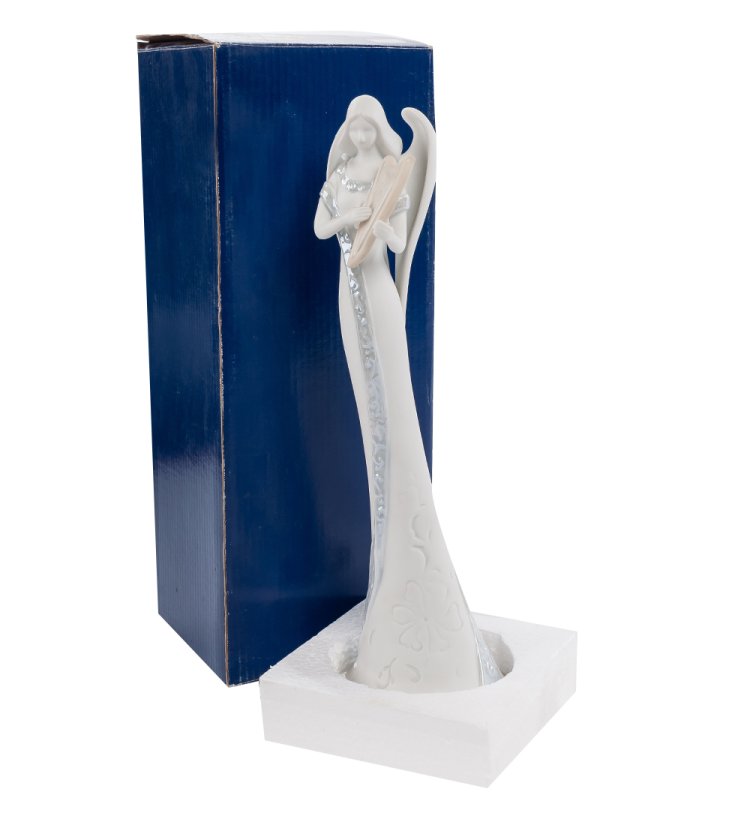 Статуэтка из бисквитного фарфора Ангел-хранитель с Арфой Pavone JP-17/ 3, фотография на фоне упаковки