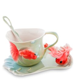 Чайная пара из фарфора с ложечкой Золотые рыбки
