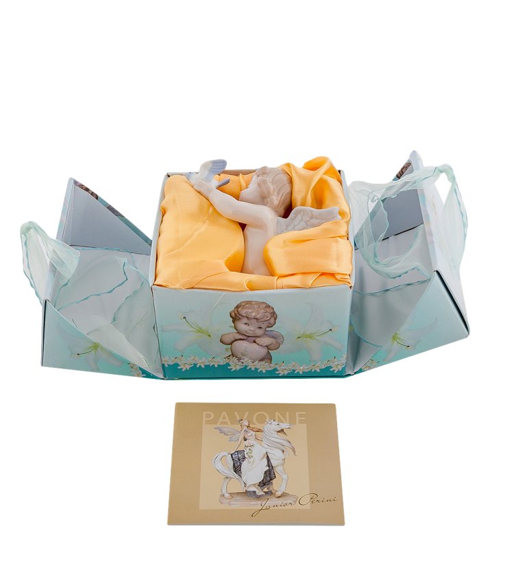 Статуэтка из фарфора Девочка Ангелок с птичкой Pavone JP-33/ 9, фотография в упаковке