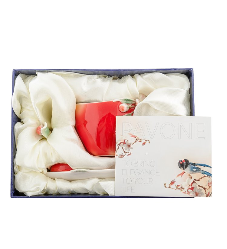 Кофейная пара из фарфора с ложечкой Яблоко Pavone FM-01/31, фотография в упаковке