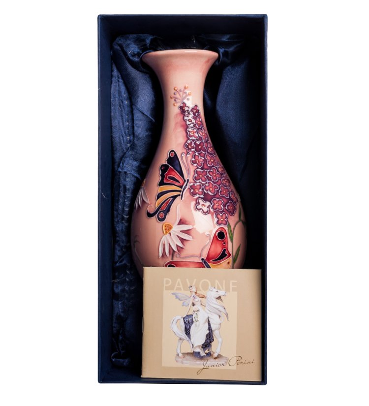 Розовая Настольная Ваза для цветов с бабочками Pavone JP-115/ 4, фотография в упаковке