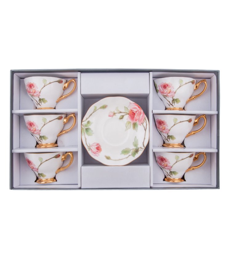 Чайный набор на 6 персон из фарфора Итальянская роза Гармония JK- 35, фотография в упаковке