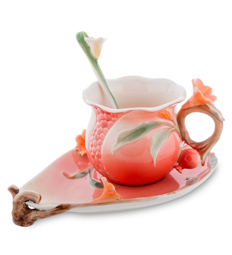 Чайная пара из фарфора с ложечкой Цветущий гранат Pavone FM-01/32