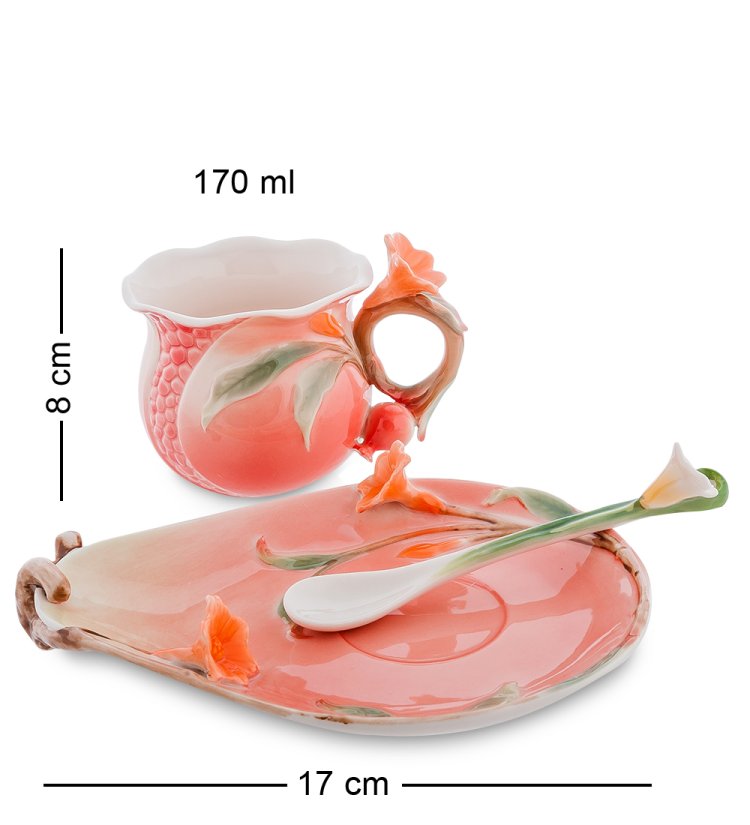 Чайная пара из фарфора с ложечкой Цветущий гранат Pavone FM-01/32, фотография сбоку