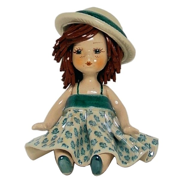 Фарфоровая статуэтка Кукла сидящая с темными волосами в зеленом платье