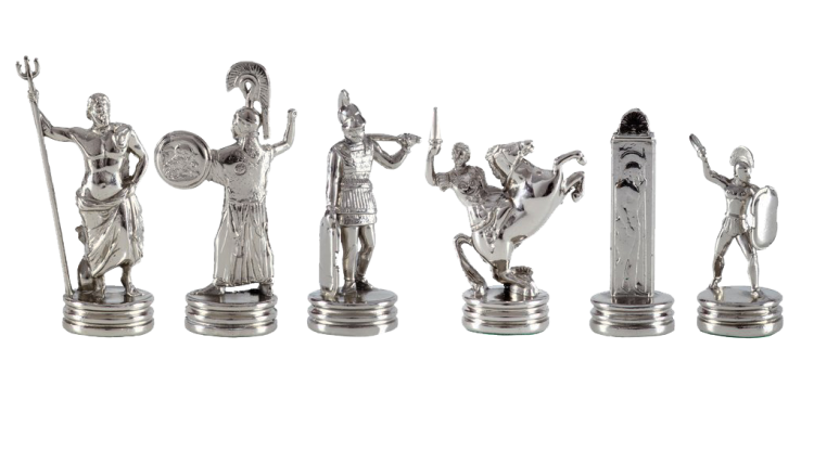 Шахматы Троянская война, Черно-белая доска Manopoulos MP-S-4-36-BLA, фотография серебряных фигур